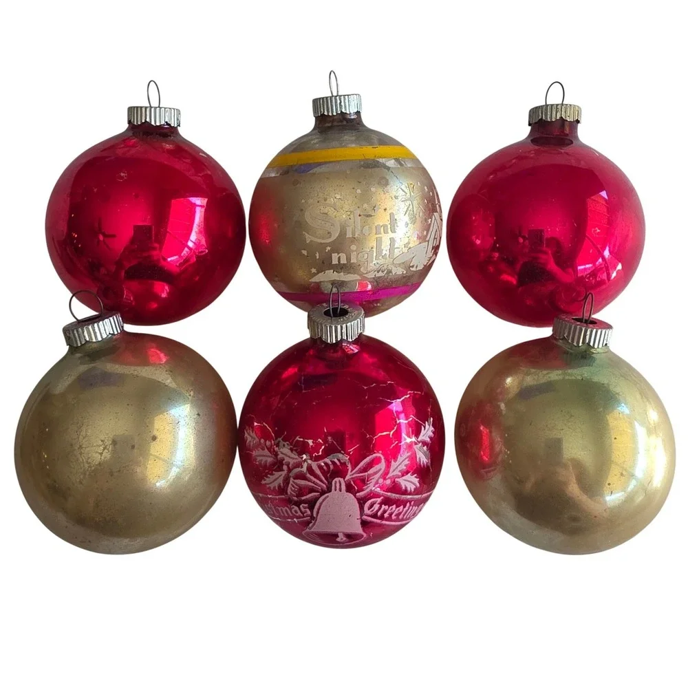 Vintage Shiny Brite Glass Christmas Ornaments Set 6 Red Gold Stenciled 2.5 Inch